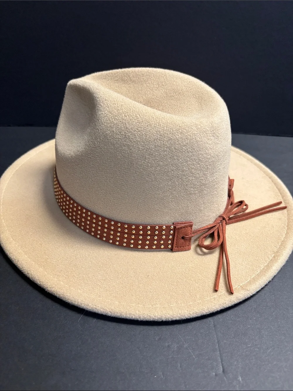 Time and Tru Cream Felt Fedora with Brown Studded Band